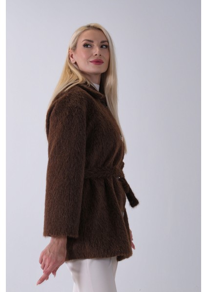 Kahve Gömlek Yakalı 4 Düğme Deri Bukle Detaylı Kaşe Yün Ceket 5307122.05