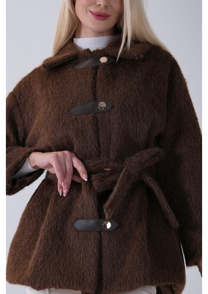 Kahve Gömlek Yakalı 4 Düğme Deri Bukle Detaylı Kaşe Yün Ceket 5307122.05