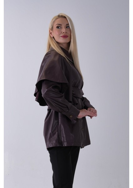 Bordo Yakalı Kendinden Pelerinli Kemerli Deri Ceket 5309366.04 fırsatları