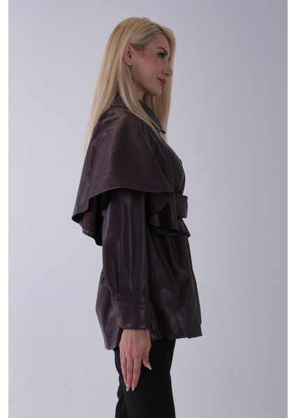 Bordo Yakalı Kendinden Pelerinli Kemerli Deri Ceket 5309366.04 indirimleri