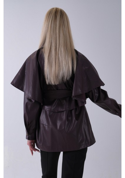 Bordo Yakalı Kendinden Pelerinli Kemerli Deri Ceket 5309366.04