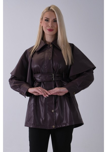 Bordo Yakalı Kendinden Pelerinli Kemerli Deri Ceket 5309366.04