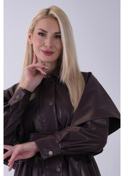 Bordo Yakalı Kendinden Pelerinli Kemerli Deri Ceket 5309366.04