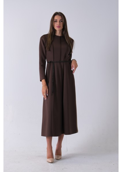 Kahve Bisiklet Yaka Önü Pile Detaylı Beli Kemerli Elbise 4593453.05 fiyatları