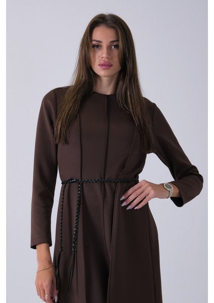 Kahve Bisiklet Yaka Önü Pile Detaylı Beli Kemerli Elbise 4593453.05