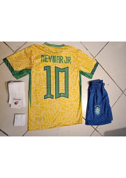 Brezilya Neymar Özel Tasarım Çocuk Futbol Forma 4 Lü Set. Şort+Forma+Çorap+Bileklik