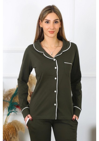 Kadın Pamuk Penye Önden Düğmeli Uzun Kol Haki Pijama Takım