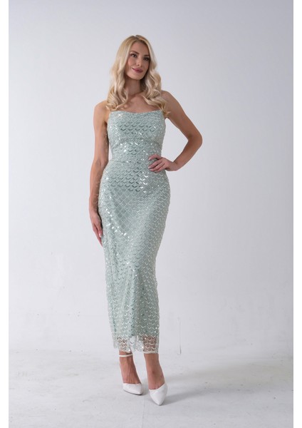 Mint Midi Boy Straplez Pul Payet Abiye 0801134.27 modelleri