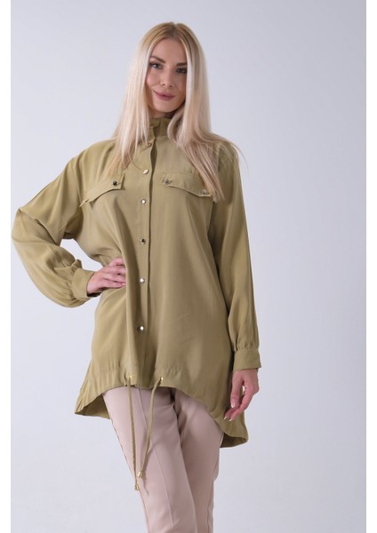 Yeşil Hakim Yaka Cep Kapak Detaylı Etek Ucu Ipli Tunik 3972106.07