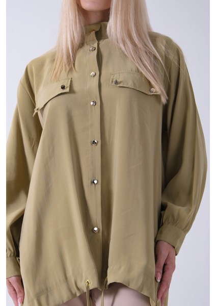 Yeşil Hakim Yaka Cep Kapak Detaylı Etek Ucu Ipli Tunik 3972106.07