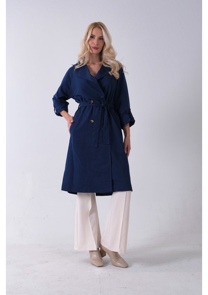 Lacivert Önden Düğme Kapamalı Yandan Cepli Kuşaklı Uzun Trenç 4200823.02 modelleri