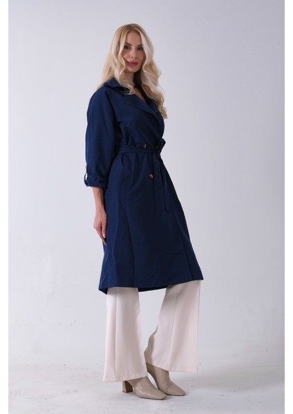 Lacivert Önden Düğme Kapamalı Yandan Cepli Kuşaklı Uzun Trenç 4200823.02 indirimleri