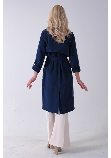 Lacivert Önden Düğme Kapamalı Yandan Cepli Kuşaklı Uzun Trenç 4200823.02