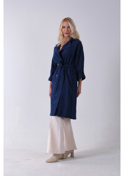 Lacivert Önden Düğme Kapamalı Yandan Cepli Kuşaklı Uzun Trenç 4200823.02
