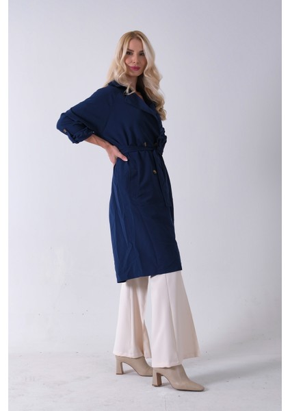 Lacivert Önden Düğme Kapamalı Yandan Cepli Kuşaklı Uzun Trenç 4200823.02