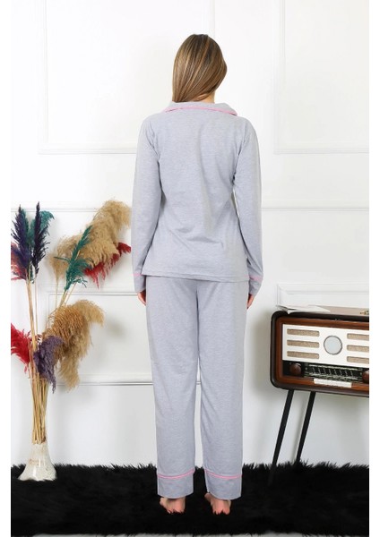 Kadın Pamuk Penye Önden Düğmeli Uzun Kol Gri Pijama Takım fırsatları