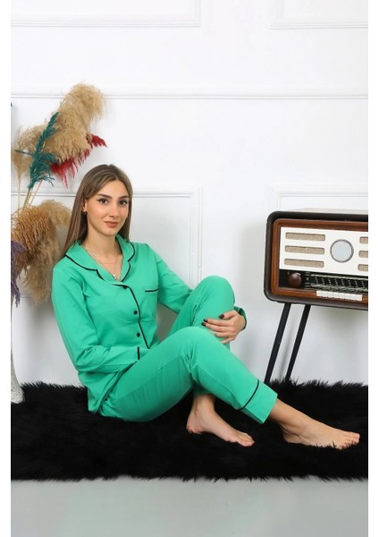 Kadın Pamuk Penye Önden Düğmeli Uzun Kol Yeşil Pijama Takım fiyatları
