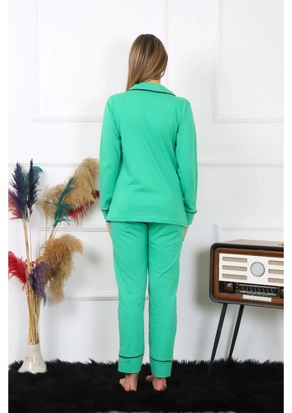 Kadın Pamuk Penye Önden Düğmeli Uzun Kol Yeşil Pijama Takım fırsatları