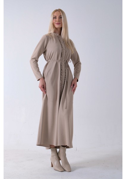 Bej Belden Bağlamalı Yaka Fırfır Detaylı Düğme Kapamalı Elbise 4571574.55 fiyatları