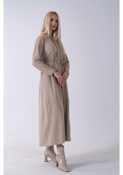 Bej Belden Bağlamalı Yaka Fırfır Detaylı Düğme Kapamalı Elbise 4571574.55 modelleri