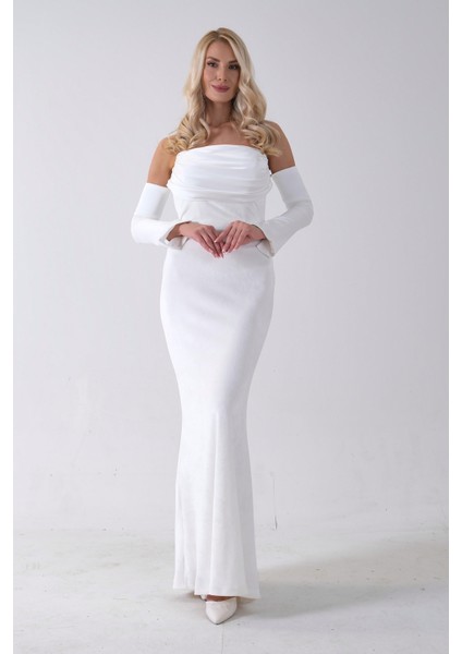 Beyaz Drapeli Takma Kol Detaylı Kadife Abiye 0801068.15