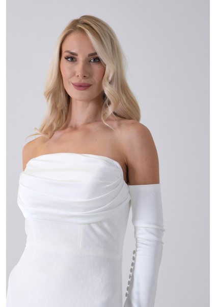 Beyaz Drapeli Takma Kol Detaylı Kadife Abiye 0801068.15