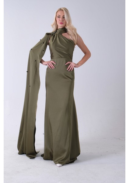 Haki Yaka Kuşak Detaylı Tek Omuz Abiye 0801099.23