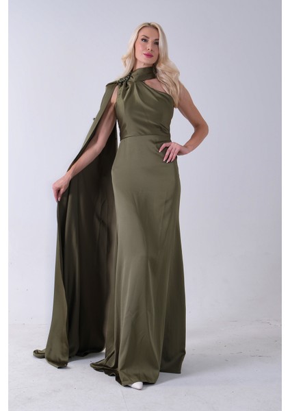 Haki Yaka Kuşak Detaylı Tek Omuz Abiye 0801099.23 fiyatları