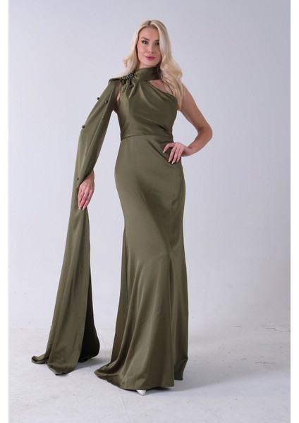 Haki Yaka Kuşak Detaylı Tek Omuz Abiye 0801099.23 modelleri