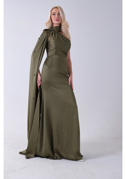 Haki Yaka Kuşak Detaylı Tek Omuz Abiye 0801099.23 fırsatları