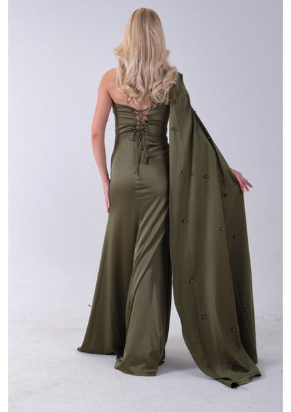 Haki Yaka Kuşak Detaylı Tek Omuz Abiye 0801099.23