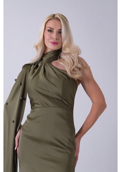 Haki Yaka Kuşak Detaylı Tek Omuz Abiye 0801099.23