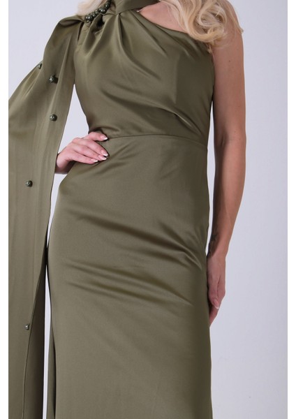 Haki Yaka Kuşak Detaylı Tek Omuz Abiye 0801099.23