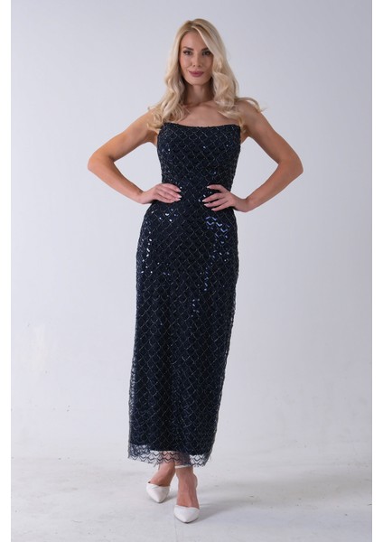 Lacivert Midi Boy Straplez Pul Payet Abiye 0801134.02 fiyatları