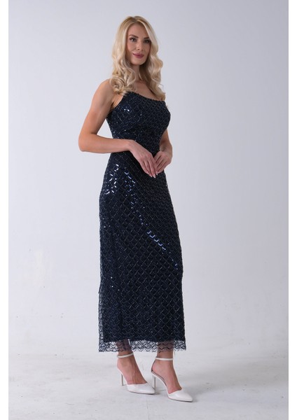 Lacivert Midi Boy Straplez Pul Payet Abiye 0801134.02 fırsatları