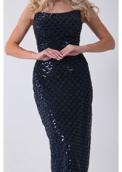 Lacivert Midi Boy Straplez Pul Payet Abiye 0801134.02