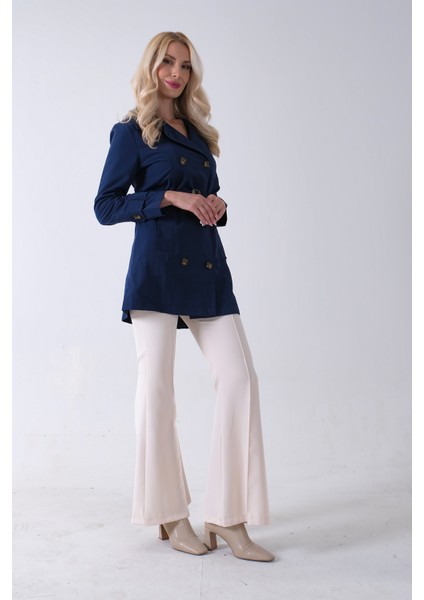 Lacivert Bilek ve Omuz Apolet Detaylı Kemerli Düğme Kapamalı Trenç 4200829.02