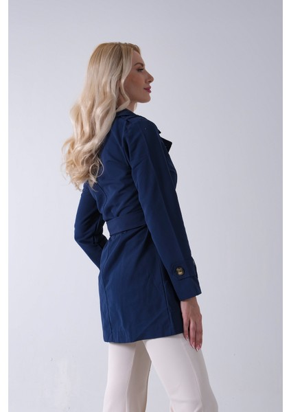 Lacivert Bilek ve Omuz Apolet Detaylı Kemerli Düğme Kapamalı Trenç 4200829.02