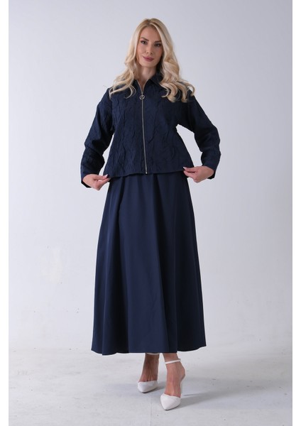 Lacivert Fermuar Kapamalı Ceket Üzeri Desenli Etekli Takım 4577259.02