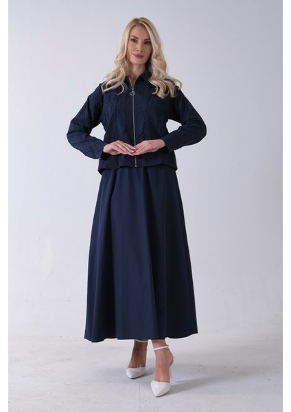 Lacivert Fermuar Kapamalı Ceket Üzeri Desenli Etekli Takım 4577259.02 fiyatları