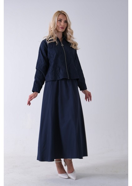 Lacivert Fermuar Kapamalı Ceket Üzeri Desenli Etekli Takım 4577259.02 modelleri