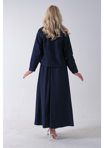 Lacivert Fermuar Kapamalı Ceket Üzeri Desenli Etekli Takım 4577259.02