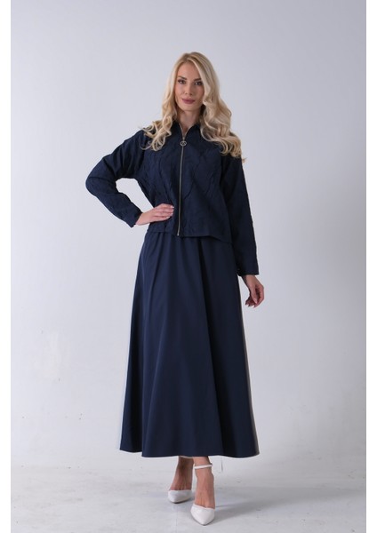 Lacivert Fermuar Kapamalı Ceket Üzeri Desenli Etekli Takım 4577259.02