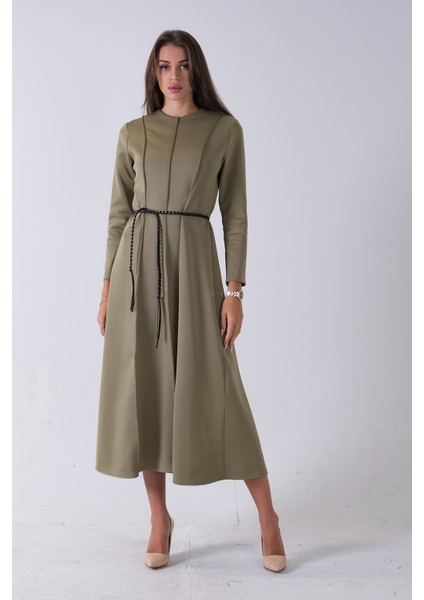 Haki Bisiklet Yaka Önü Pile Detaylı Beli Kemerli Elbise 4593453.23