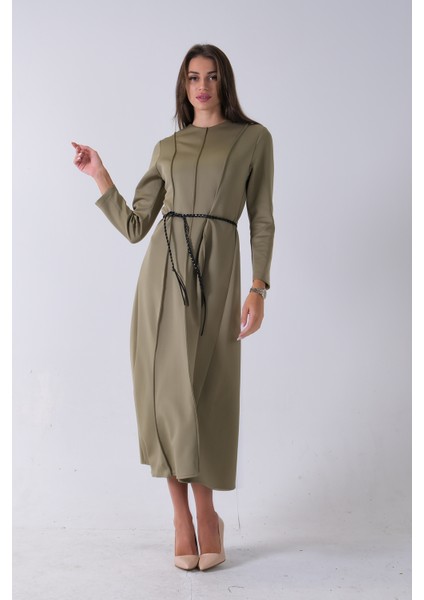 Haki Bisiklet Yaka Önü Pile Detaylı Beli Kemerli Elbise 4593453.23 modelleri