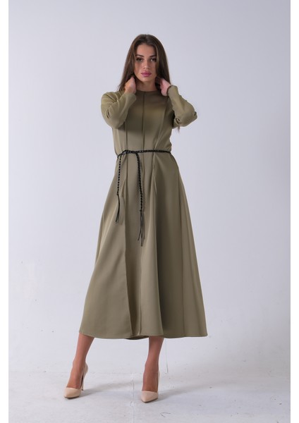 Haki Bisiklet Yaka Önü Pile Detaylı Beli Kemerli Elbise 4593453.23 fırsatları