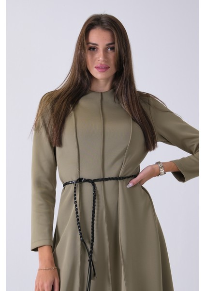 Haki Bisiklet Yaka Önü Pile Detaylı Beli Kemerli Elbise 4593453.23