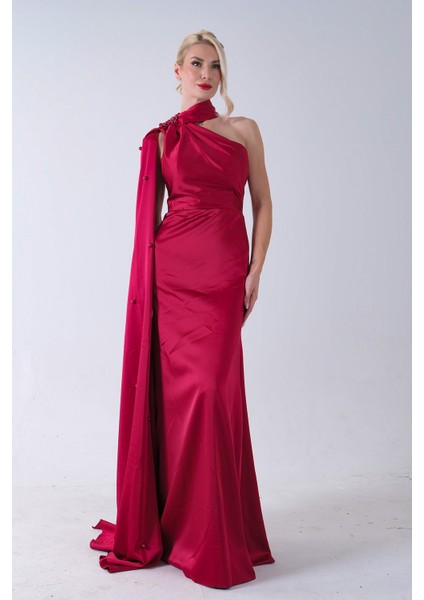 Kırmızı Yaka Kuşak Detaylı Tek Omuz Abiye 0801099.08