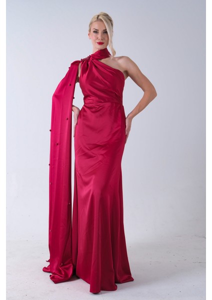 Kırmızı Yaka Kuşak Detaylı Tek Omuz Abiye 0801099.08 fiyatları