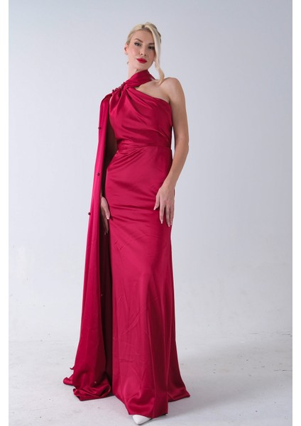 Kırmızı Yaka Kuşak Detaylı Tek Omuz Abiye 0801099.08 modelleri